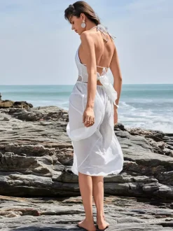 White Cover-up Midi Dress With Halter Neck For Summer Beach 2026