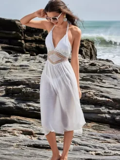 White Cover-up Midi Dress With Halter Neck For Summer Beach 2026