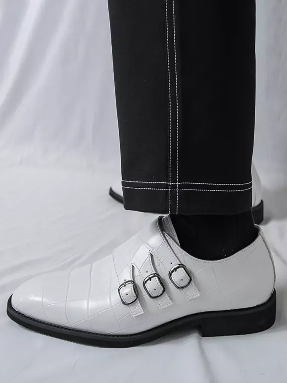 White Dress Shoes Men's Round Toe Buckle Detail Casual Shoes