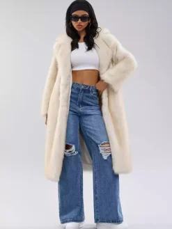 White Faux Fur Coats Notched Lapel Oversized Winter Long Jacket For Women 2026