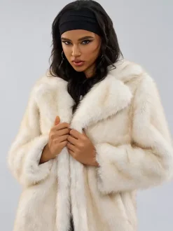 White Faux Fur Coats Notched Lapel Oversized Winter Long Jacket For Women 2026