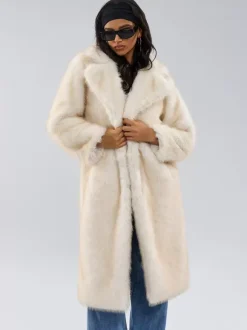 White Faux Fur Coats Notched Lapel Oversized Winter Long Jacket For Women 2026