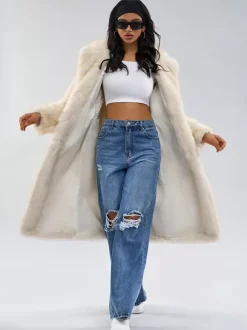 White Faux Fur Coats Notched Lapel Oversized Winter Long Jacket For Women 2026