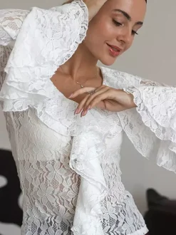 White Floral Lace Women Blouse - Elegant Ruffle Flare Sleeve Sheer Top - Coquette Fairycore Spring Night Out Clubwear 2026