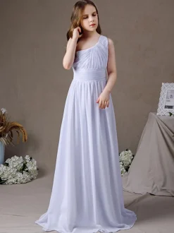 White Flower Girl Dress Chiffon Pleated One-Shoulder Sleeveless Kids Birthday Party Dresses