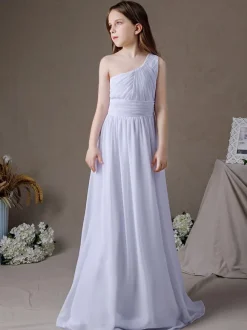 White Flower Girl Dress Chiffon Pleated One-Shoulder Sleeveless Kids Birthday Party Dresses