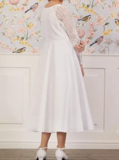 White Flower Girl Dresses Jewel Neck Long Sleeves Tea-Length A-Line Lace Kids Party Dresses