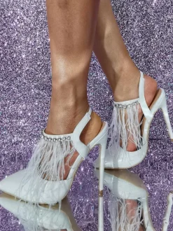 White High Heels Feather Detail Prom Shoes