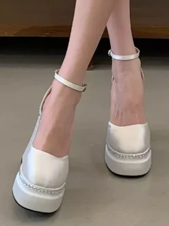 White High Heels Platform Square Toe Rhinstones Chunky Heel Ankle Strap Pumps