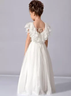 White Ivory Tulle Sleeveless Jewel Neck 3D Boho Lace Flower Girl Dress