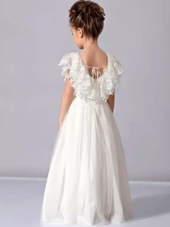 White Ivory Tulle Sleeveless Jewel Neck 3D Boho Lace Flower Girl Dress
