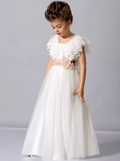 White  Ivory Tulle Sleeveless Jewel Neck 3D Boho Lace Flower Girl Dress