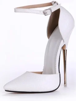 White Leather Pointed Toe Ankle Strap Sexy Pumps