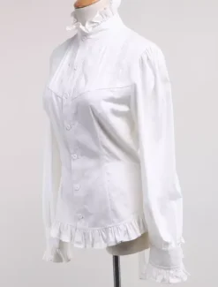 White Lolita Blouse Cotton Long Sleeves High Collar Ruffles Lolita Top