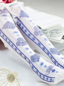 White Lolita Socks Poker Print Cotton Lolita Knee High Socks