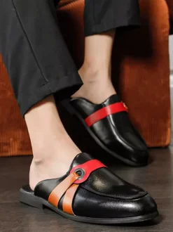 White Mule Loafers Round Toe Buckle Detail Backless Slippers