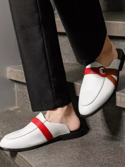 White Mule Loafers Round Toe Buckle Detail Backless Slippers