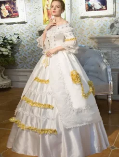 White Retro Costumes Flared Sleeve Off The Shoulder Victorian Vintage Maxi Dress