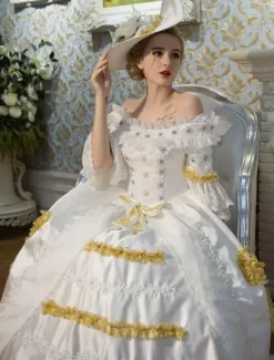White Retro Costumes Flared Sleeve Off The Shoulder Victorian Vintage Maxi Dress