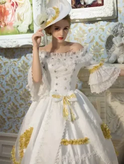 White Retro Costumes Flared Sleeve Off The Shoulder Victorian Vintage Maxi Dress