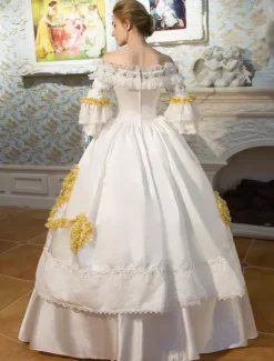 White Retro Costumes Flared Sleeve Off The Shoulder Victorian Vintage Maxi Dress