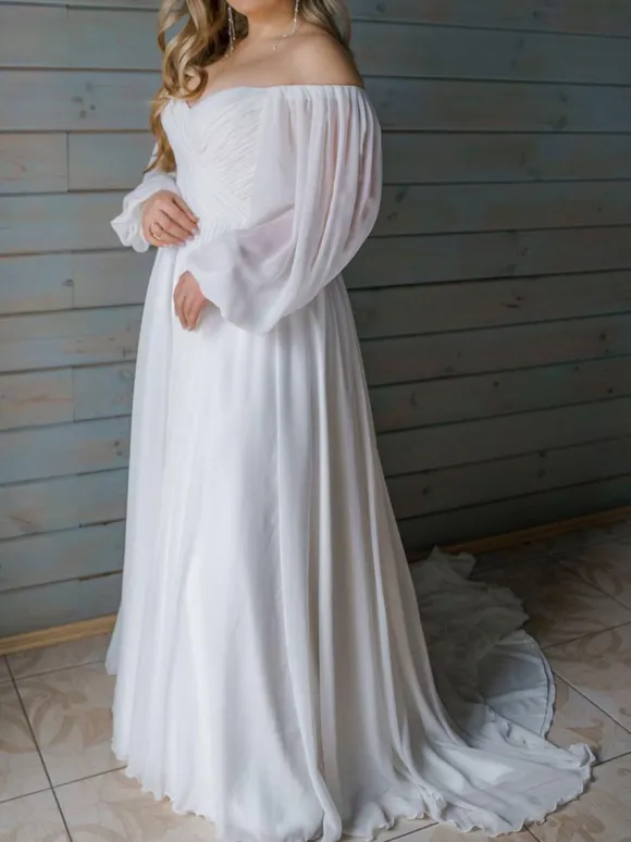 White Simple Causal Wedding Dress With Train A-Line Bateau Neck Long Sleeves Backless Zipper Chiffon Bridal Dresses Free Customization