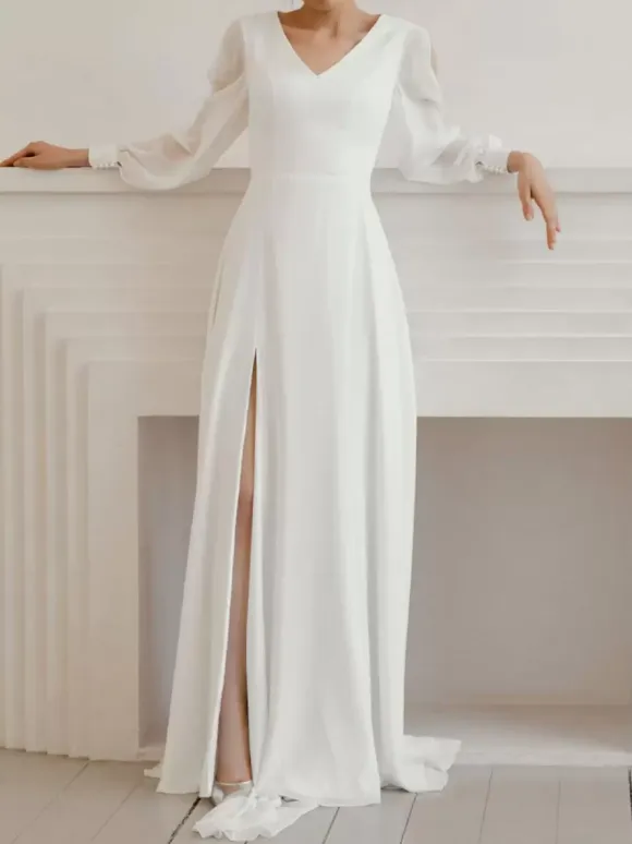 White Simple Causal Wedding Dress With Train A-Line V-Neck Long Sleeves Split Front Chiffon Bridal Gowns Free Customization