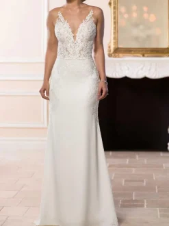 White Simple Mermaid Wedding Dress V-Neck Sleeveless Backless Lace Bridal Gowns Free Customization
