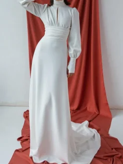 White Simple Mermaid Wedding Dress Elastic Silk Like Satin High Collar Long Sleeves Cut Out A-Line Bridal Gowns Free Customization