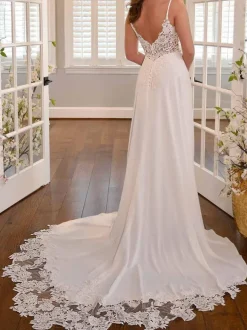 White Simple Wedding Dress A-Line V-Neck Stripes Neck Sleeveless Backless Lace Bridal Dresses Free Customization