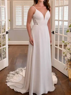 White Simple Wedding Dress A-Line V-Neck Stripes Neck Sleeveless Backless Lace Bridal Dresses Free Customization