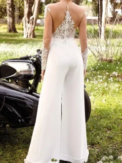 White Simple Wedding Jumpsuit Lace V-Neck Long Sleeves Stretch Crepe A-Line Bridal Jumpsuits Free Customization