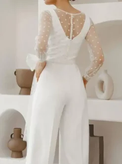 White Simple Wedding Jumpsuit V Neck Long Sleeves Bows Bridal Jumpsuits Free Customization