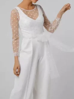 White Simple Wedding Jumpsuit V Neck Long Sleeves Bows Bridal Jumpsuits Free Customization