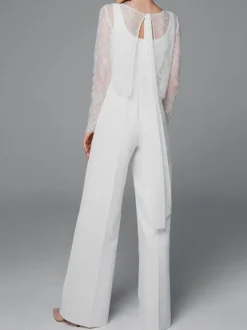 White Simple Wedding Jumpsuit A-Line Jewel Neck Long Sleeves Stretch Crepe Bridal Jumpsuits Free Customization