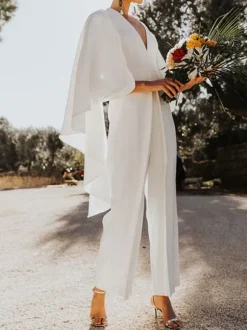 White Wedding Jumpsuit A-Line V-Neck Half Sleeves Bridal Jumpsuits Free Customization