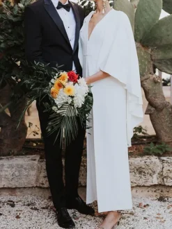 White Wedding Jumpsuit A-Line V-Neck Half Sleeves Bridal Jumpsuits Free Customization