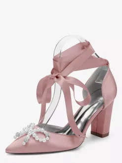 White Wedding Shoes Satin Pointed Toe Pearls Bow Chunky Heel Bridal Shoes