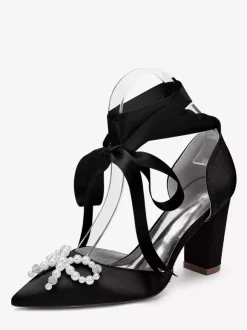 White Wedding Shoes Satin Pointed Toe Pearls Bow Chunky Heel Bridal Shoes
