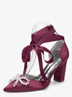 White Wedding Shoes Satin Pointed Toe Pearls Bow Chunky Heel Bridal Shoes