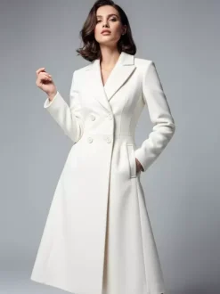 White Woolen Double-Breasted Midi Coat With Sharp Lapel And X-Line For Women 2026