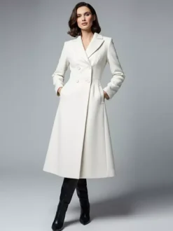 White Woolen Double-Breasted Midi Coat With Sharp Lapel And X-Line For Women 2026