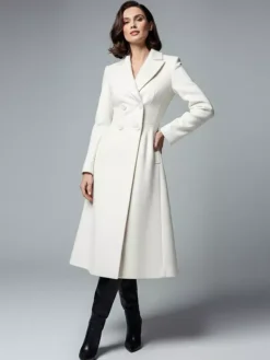 White Woolen Double-Breasted Midi Coat With Sharp Lapel And X-Line For Women 2026
