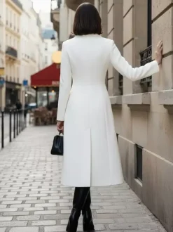 White Woolen Double-Breasted Midi Coat With Sharp Lapel And X-Line For Women 2026