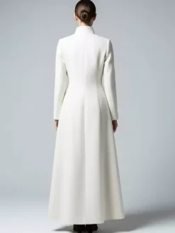 White Woolen Full-Length Coat With Stand Collar And A-Line Silhouette For Women 2026