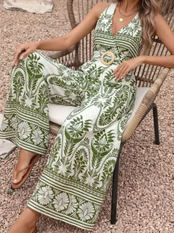 White Base Green Boho Print Halter Jumpsuit Back Self Tie Wooden Buckle Belt High Waist Flow Wide Leg Vacation Playsuit