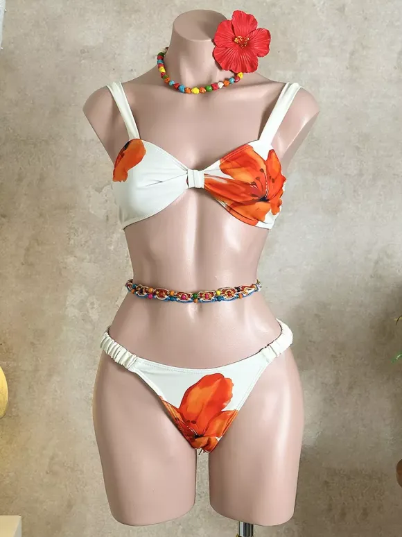 White Base Red Floral Print Underwire Bikini Set
