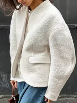 White Boucle Women's Short Jacket - Elegant V Neck Puff Sleeve Slim Fit Outerwear - French Chic Spring Outfits 2026