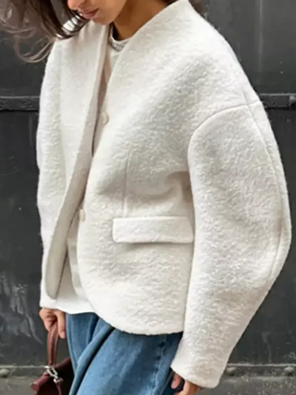 White Boucle Women's Short Jacket - Elegant V Neck Puff Sleeve Slim Fit Outerwear - French Chic Spring Outfits 2026