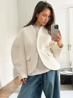 White Boucle Women's Short Jacket - Elegant V Neck Puff Sleeve Slim Fit Outerwear - French Chic Spring Outfits 2026